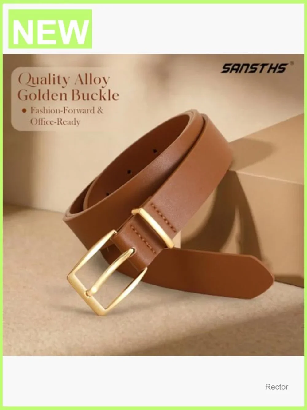 Women's Faux Leather Belt with Gold Square Buckle, Adjustable 1.1